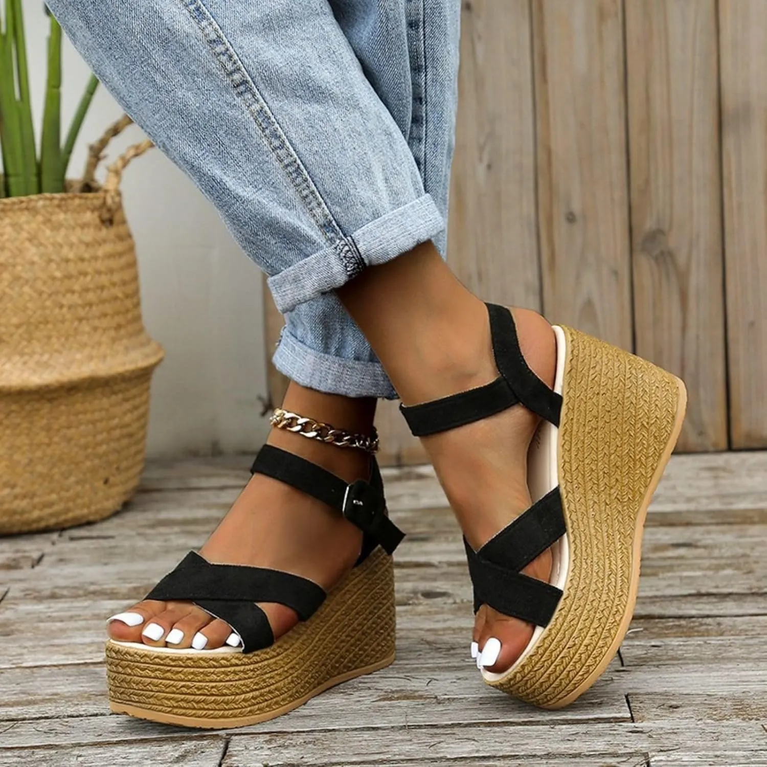 Wedge Sandals for Women Ankle Strap High Heel Platform Sandals, Casual Summer Cross Strap Open Toe Espadrilles Fashion Comfy High Heel Platform Wedges