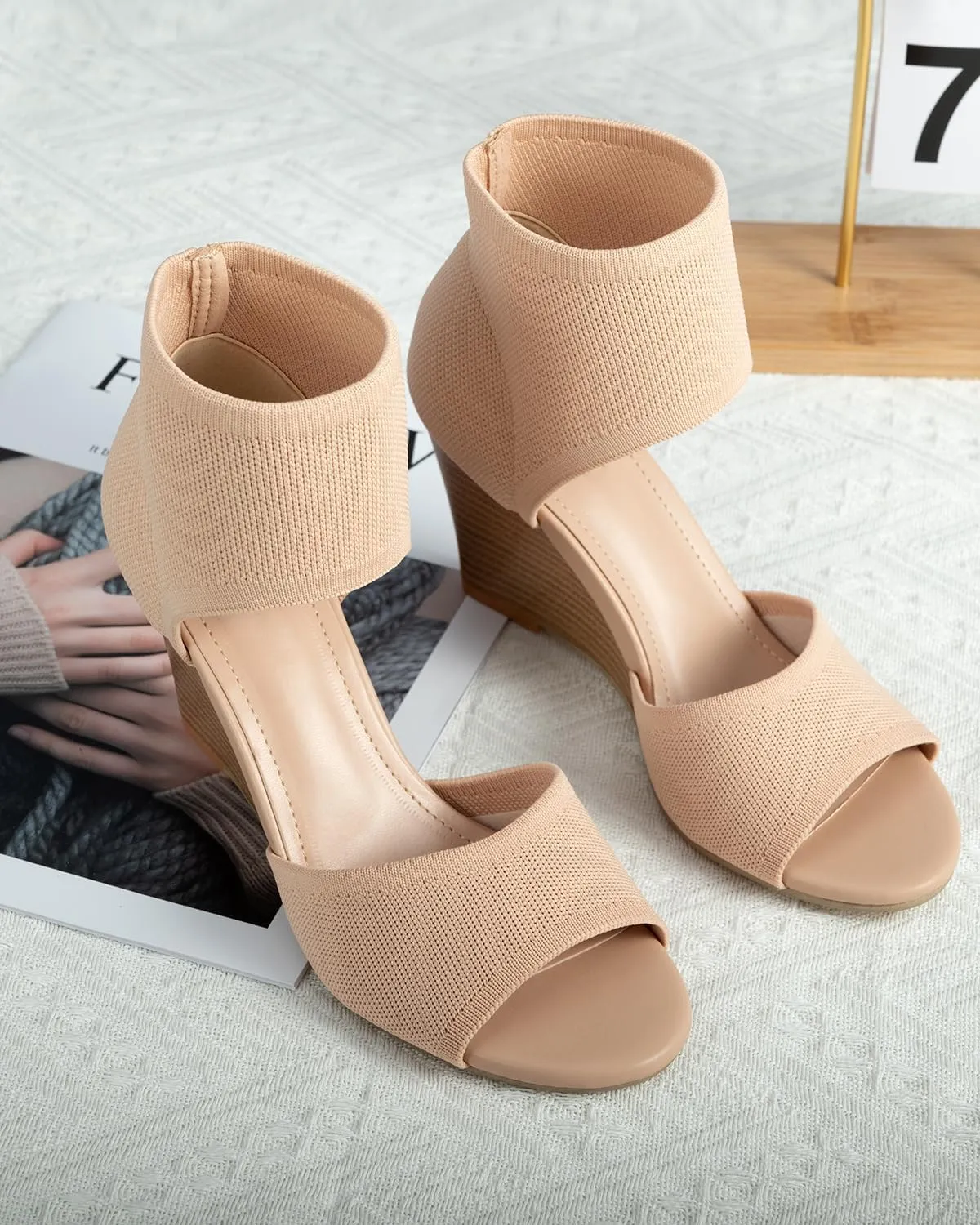Wedge Sandals for Women Elastic Knit Peep Toe Heels Sandals Comfortable Slip On Wedges Heels Open Toe Summer Ankle Booties Sandals for Women Dressy