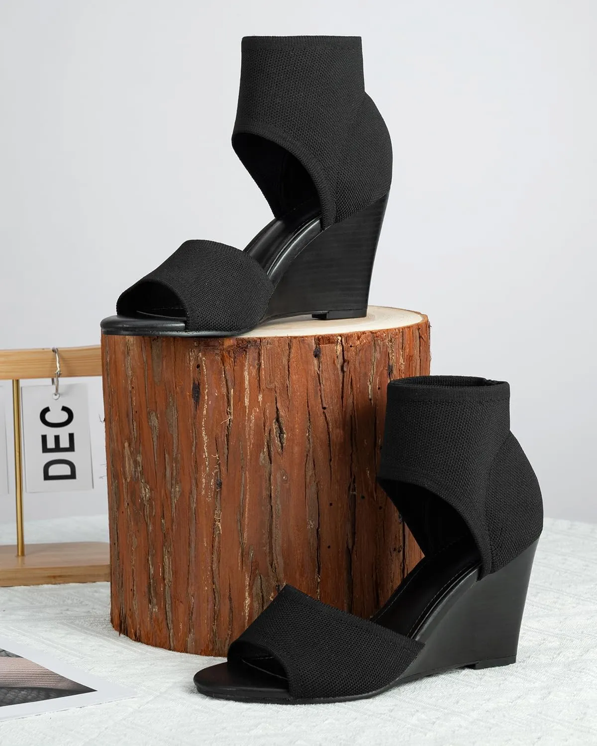 Wedge Sandals for Women Elastic Knit Peep Toe Heels Sandals Comfortable Slip On Wedges Heels Open Toe Summer Ankle Booties Sandals for Women Dressy