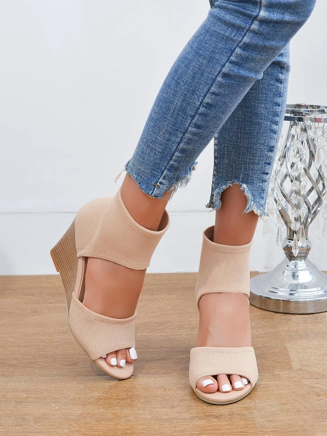 Wedge Sandals for Women Elastic Knit Peep Toe Heels Sandals Comfortable Slip On Wedges Heels Open Toe Summer Ankle Booties Sandals for Women Dressy