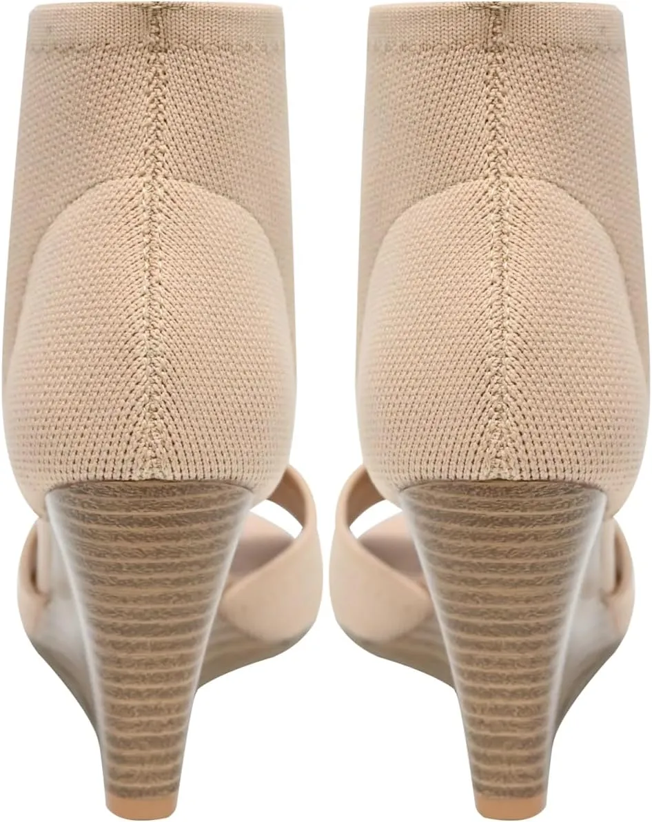 Wedge Sandals for Women Elastic Knit Peep Toe Heels Sandals Comfortable Slip On Wedges Heels Open Toe Summer Ankle Booties Sandals for Women Dressy
