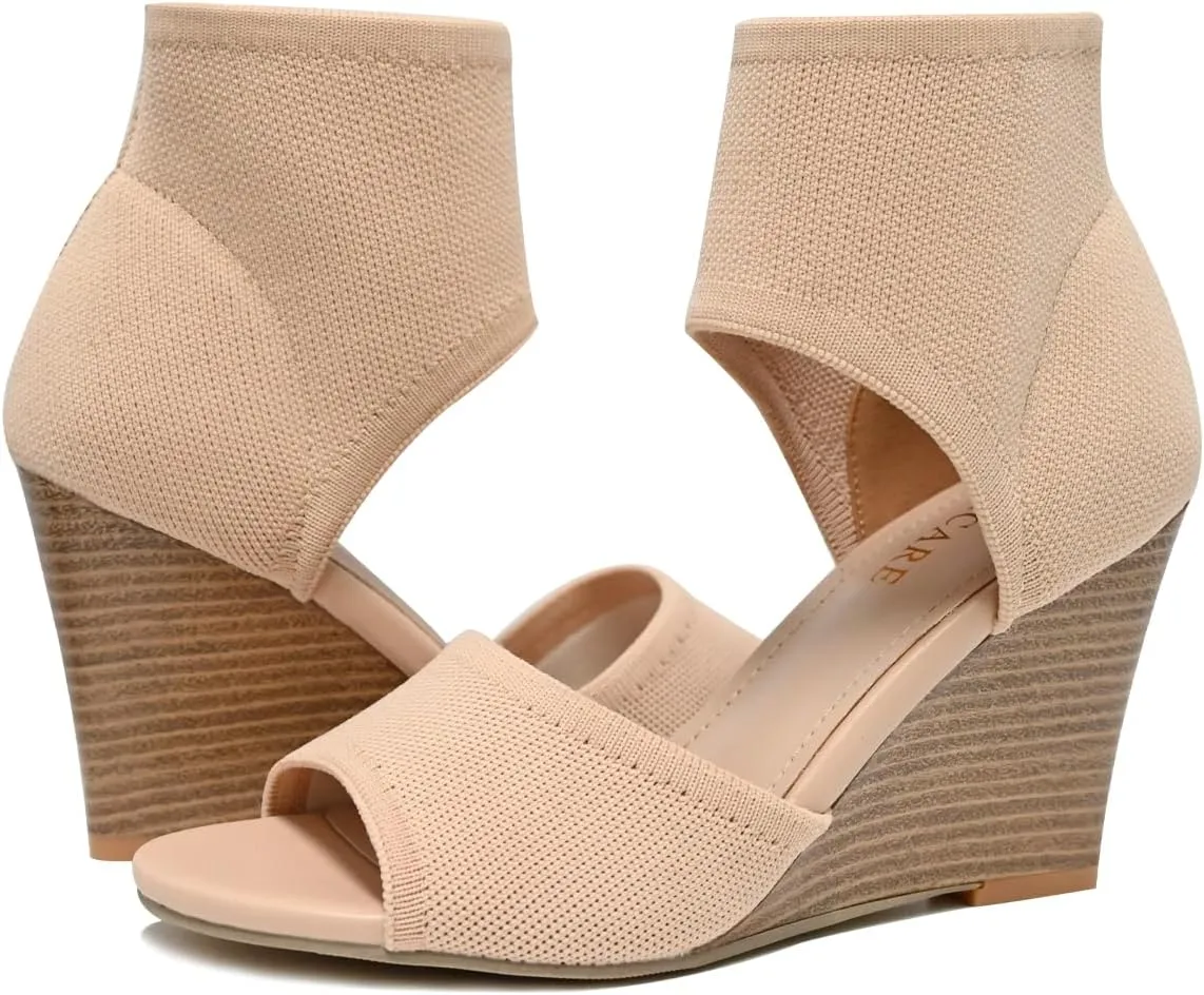 Wedge Sandals for Women Elastic Knit Peep Toe Heels Sandals Comfortable Slip On Wedges Heels Open Toe Summer Ankle Booties Sandals for Women Dressy
