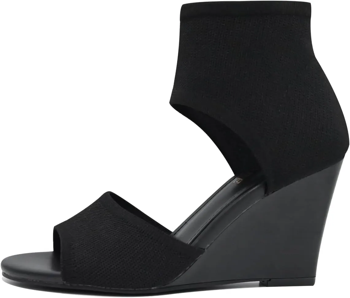 Wedge Sandals for Women Elastic Knit Peep Toe Heels Sandals Comfortable Slip On Wedges Heels Open Toe Summer Ankle Booties Sandals for Women Dressy