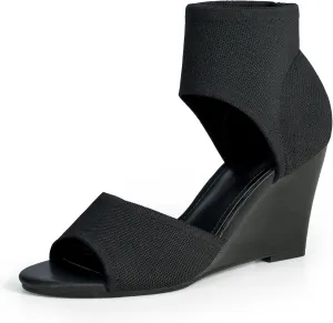 Wedge Sandals for Women Elastic Knit Peep Toe Heels Sandals Comfortable Slip On Wedges Heels Open Toe Summer Ankle Booties Sandals for Women Dressy