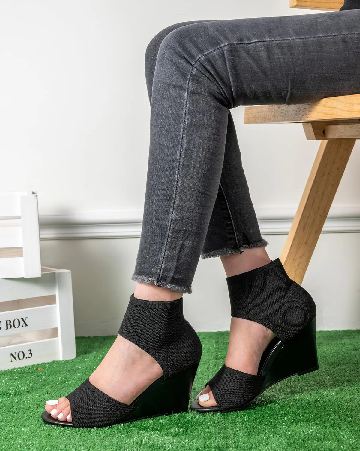 Wedge Sandals for Women Elastic Knit Peep Toe Heels Sandals Comfortable Slip On Wedges Heels Open Toe Summer Ankle Booties Sandals for Women Dressy