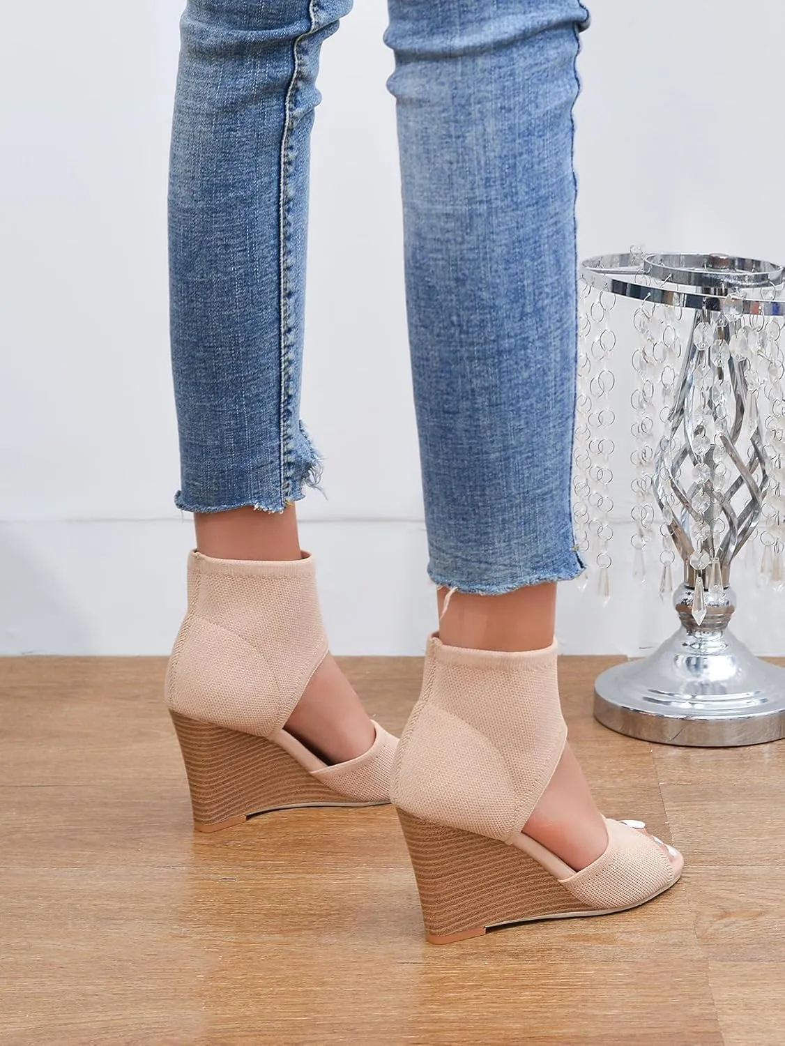 Wedge Sandals for Women Elastic Knit Peep Toe Heels Sandals Comfortable Slip On Wedges Heels Open Toe Summer Ankle Booties Sandals for Women Dressy