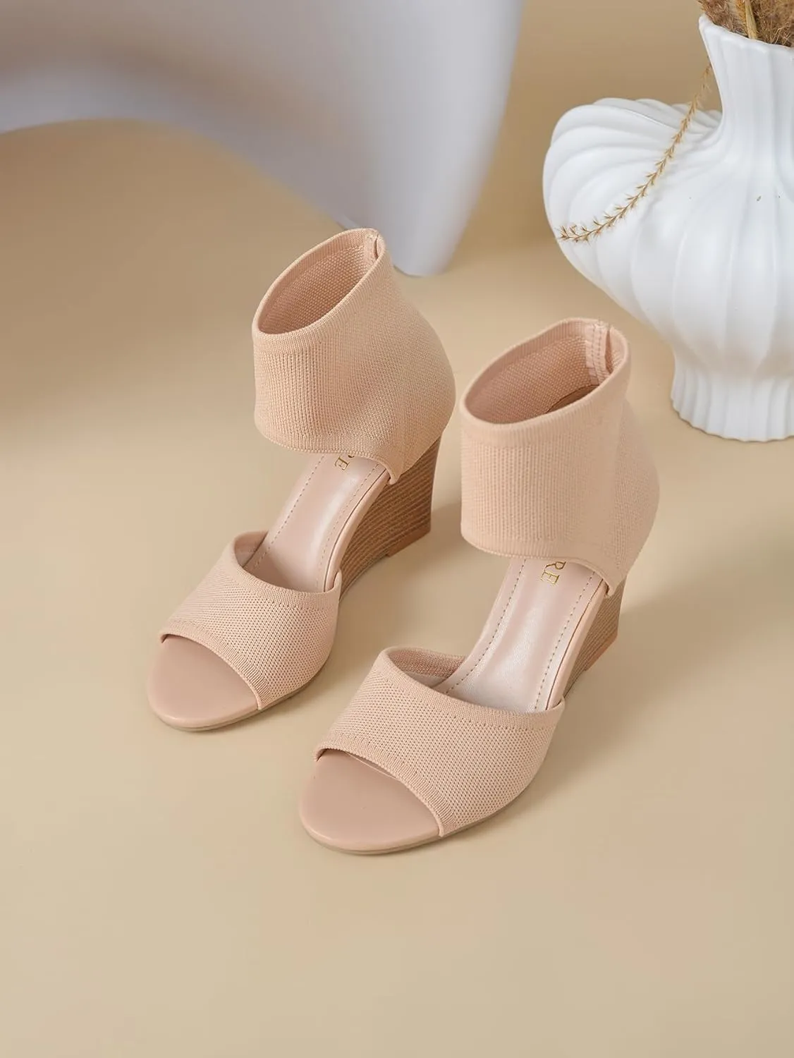 Wedge Sandals for Women Elastic Knit Peep Toe Heels Sandals Comfortable Slip On Wedges Heels Open Toe Summer Ankle Booties Sandals for Women Dressy