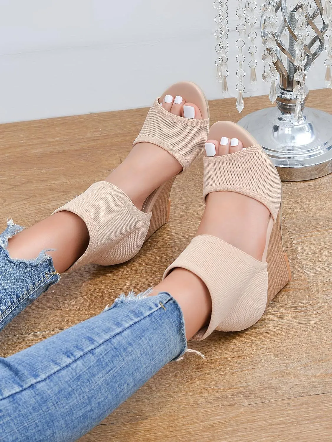 Wedge Sandals for Women Elastic Knit Peep Toe Heels Sandals Comfortable Slip On Wedges Heels Open Toe Summer Ankle Booties Sandals for Women Dressy