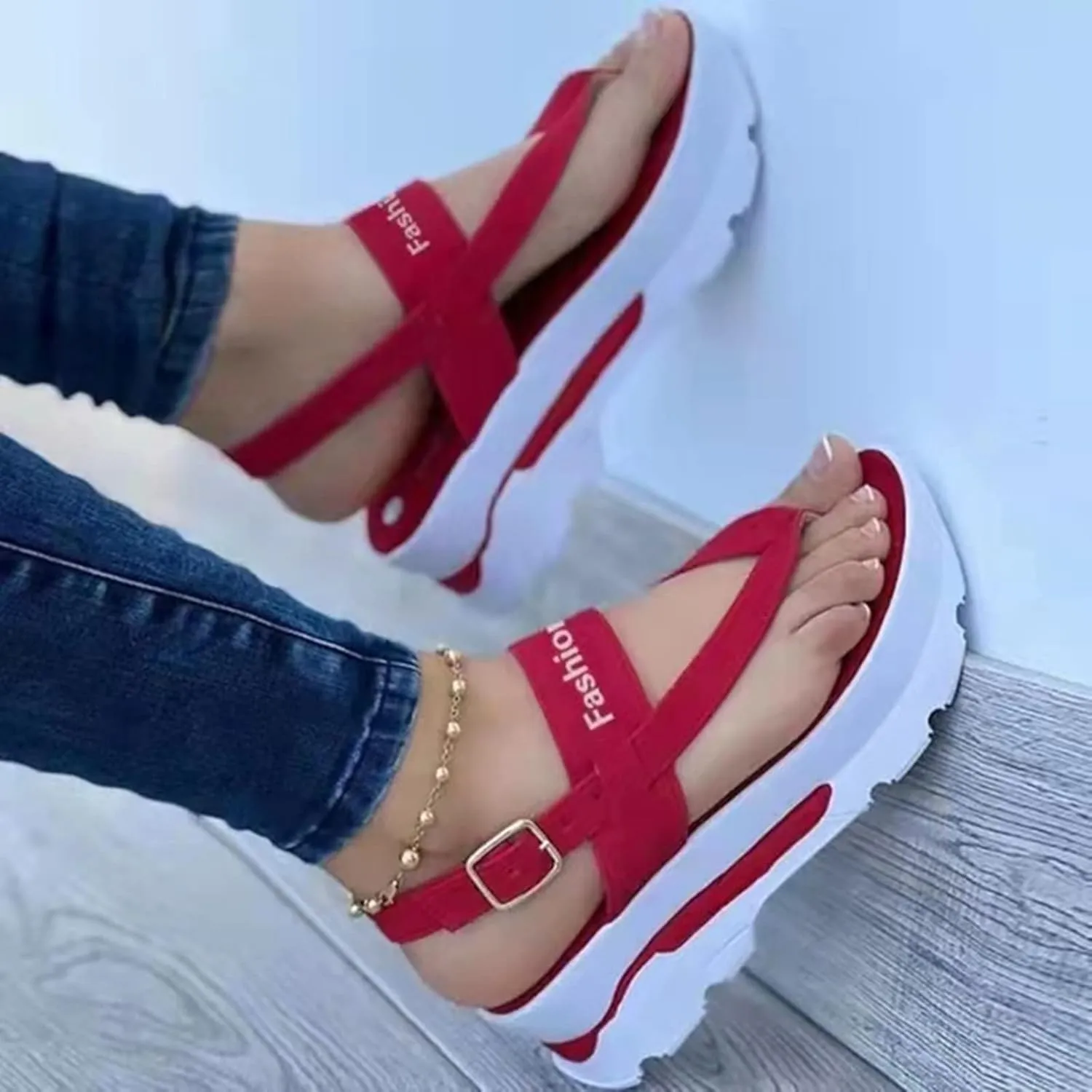 Wedge Sandals for Women Fashion Flip Flops Ankle Strap Sports Sandals Casual Open Toe Summer Platform Shoes Sandal Comfortable Thong Walking Shoes,Red,US6/EU37