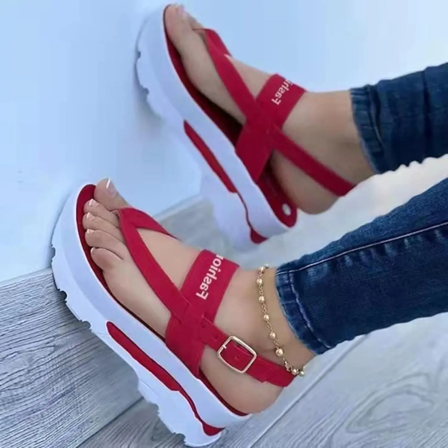 Wedge Sandals for Women Fashion Flip Flops Ankle Strap Sports Sandals Casual Open Toe Summer Platform Shoes Sandal Comfortable Thong Walking Shoes,Red,US6/EU37