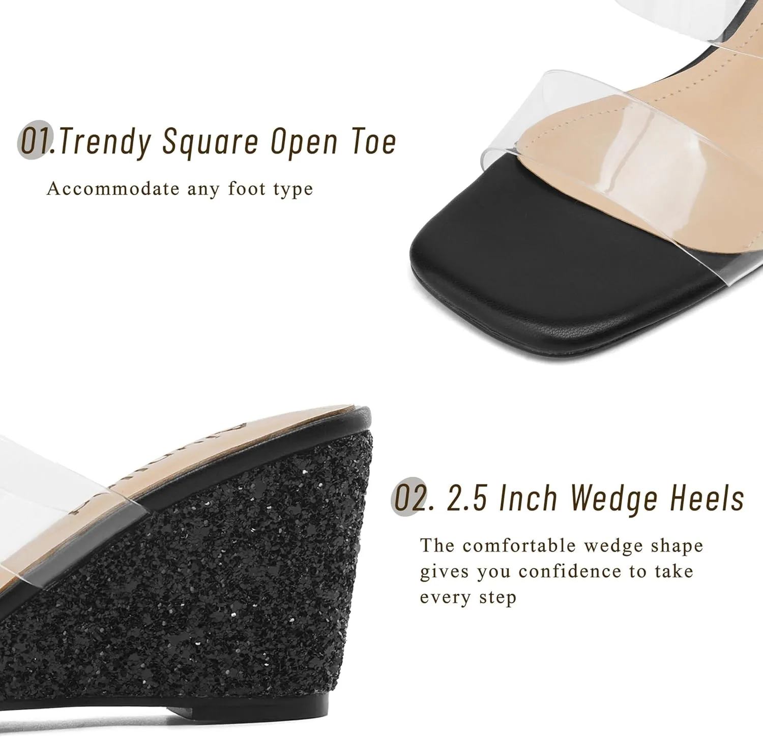 Wedge Sandals for Women Square Open Toe Wedge Heels Clear Two Strap Slip on Sandals Glitter Heels Transparent Slides Shoes