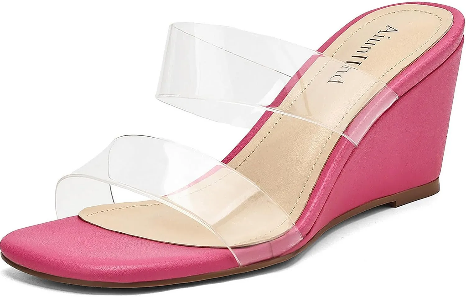 Wedge Sandals for Women Square Open Toe Wedge Heels Clear Two Strap Slip on Sandals Glitter Heels Transparent Slides Shoes