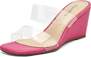 Wedge Sandals for Women Square Open Toe Wedge Heels Clear Two Strap Slip on Sandals Glitter Heels Transparent Slides Shoes
