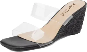 Wedge Sandals for Women Square Open Toe Wedge Heels Clear Two Strap Slip on Sandals Glitter Heels Transparent Slides Shoes