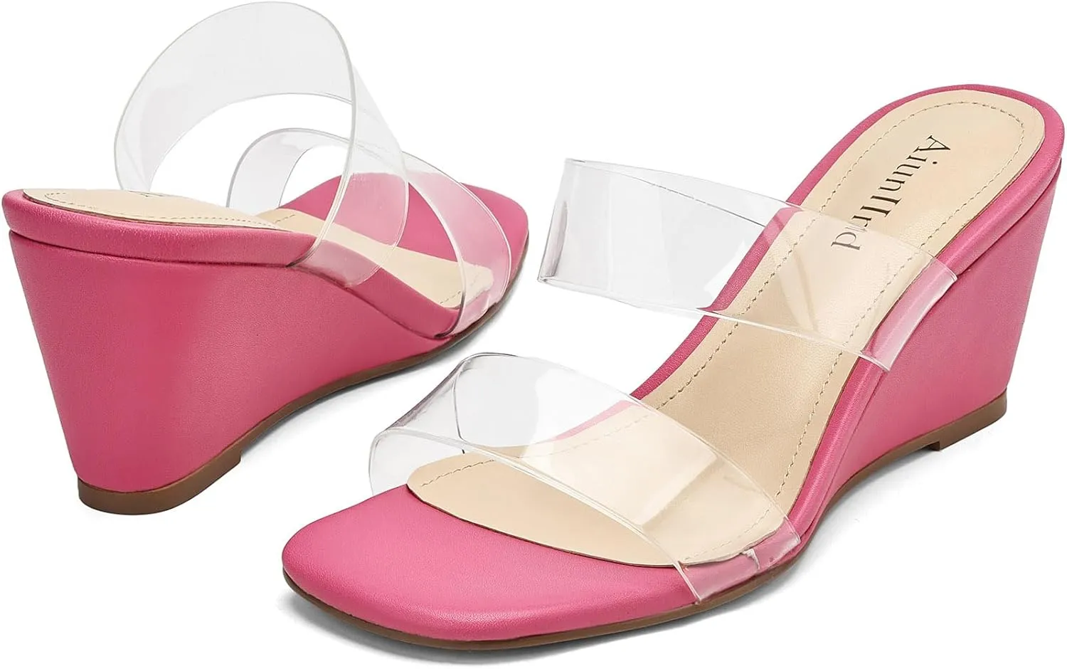 Wedge Sandals for Women Square Open Toe Wedge Heels Clear Two Strap Slip on Sandals Glitter Heels Transparent Slides Shoes