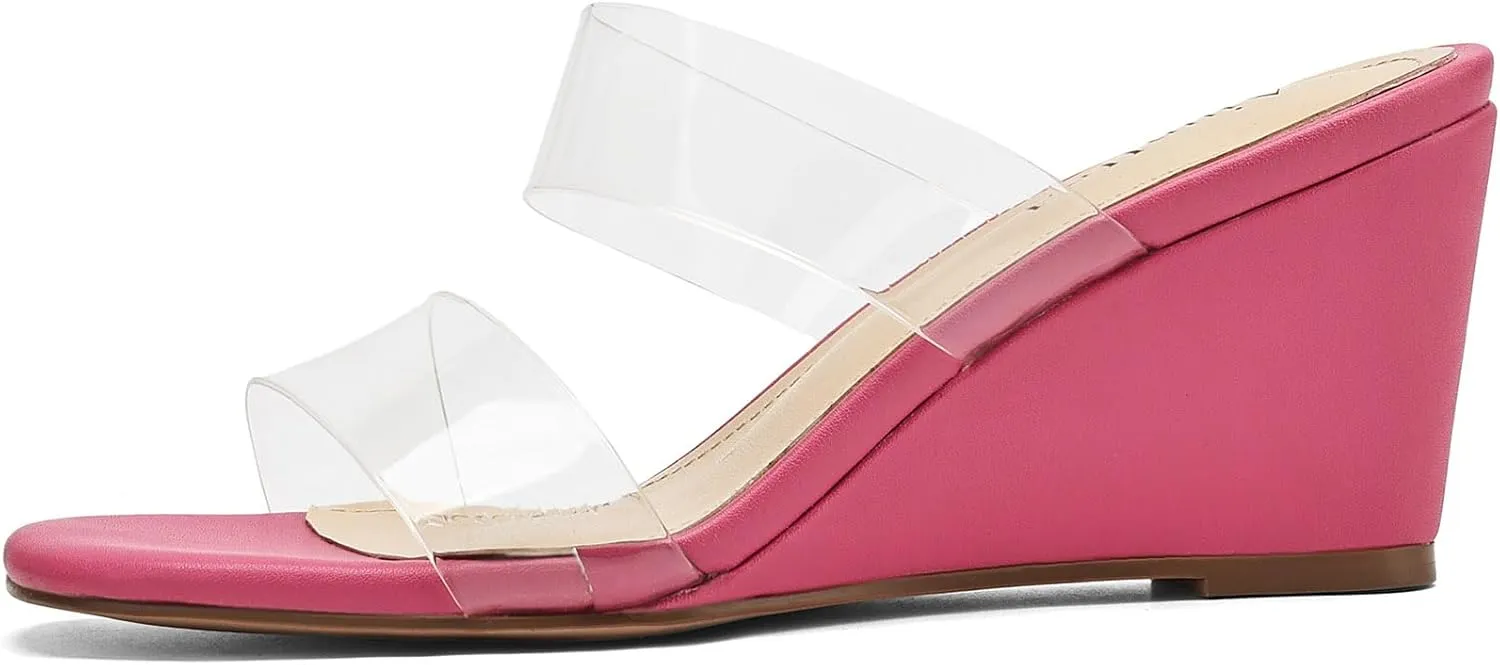 Wedge Sandals for Women Square Open Toe Wedge Heels Clear Two Strap Slip on Sandals Glitter Heels Transparent Slides Shoes