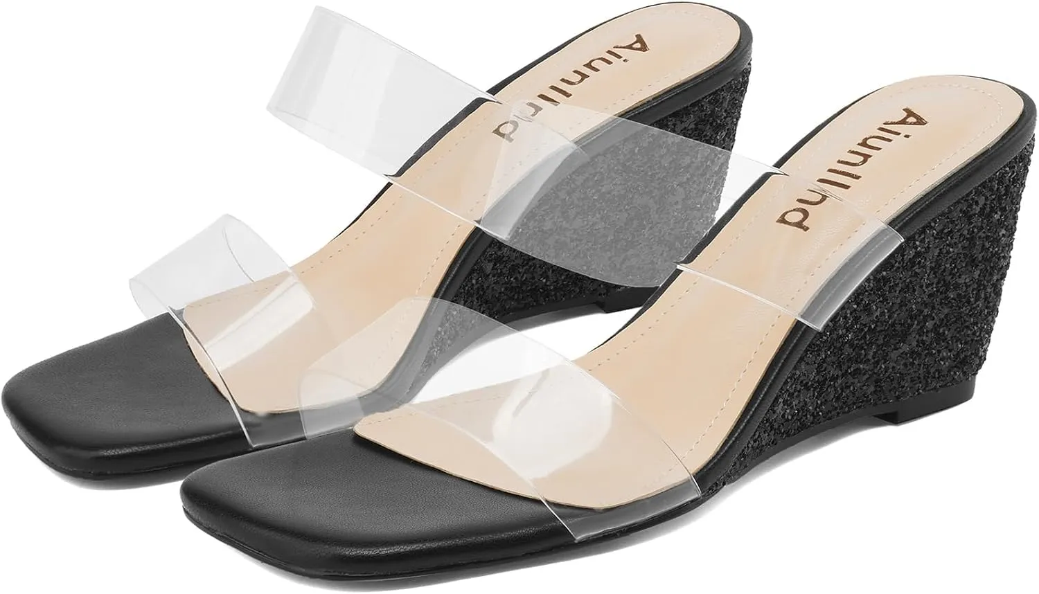 Wedge Sandals for Women Square Open Toe Wedge Heels Clear Two Strap Slip on Sandals Glitter Heels Transparent Slides Shoes