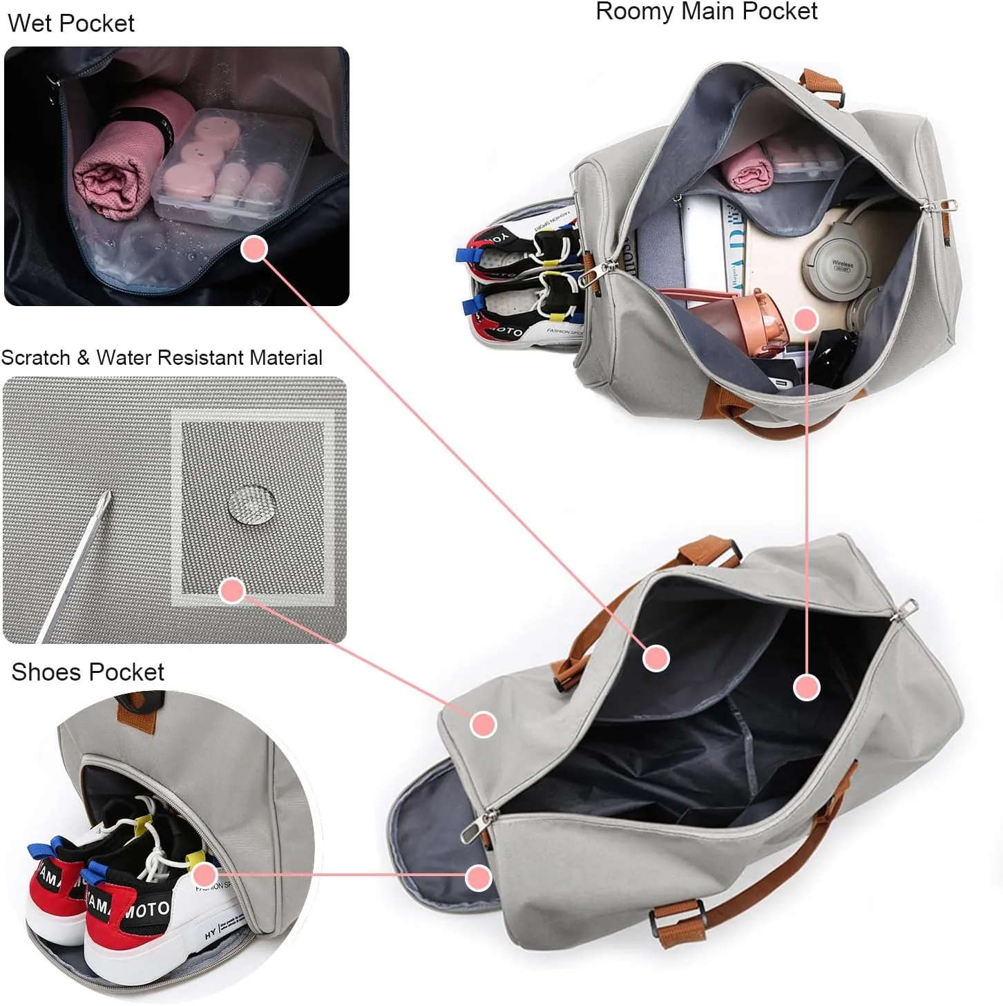 Weekender Duffel Sport Gym Bag Overnight Travel duffle Bags with Shoe Compartment Wet Pocket 2301B Grey