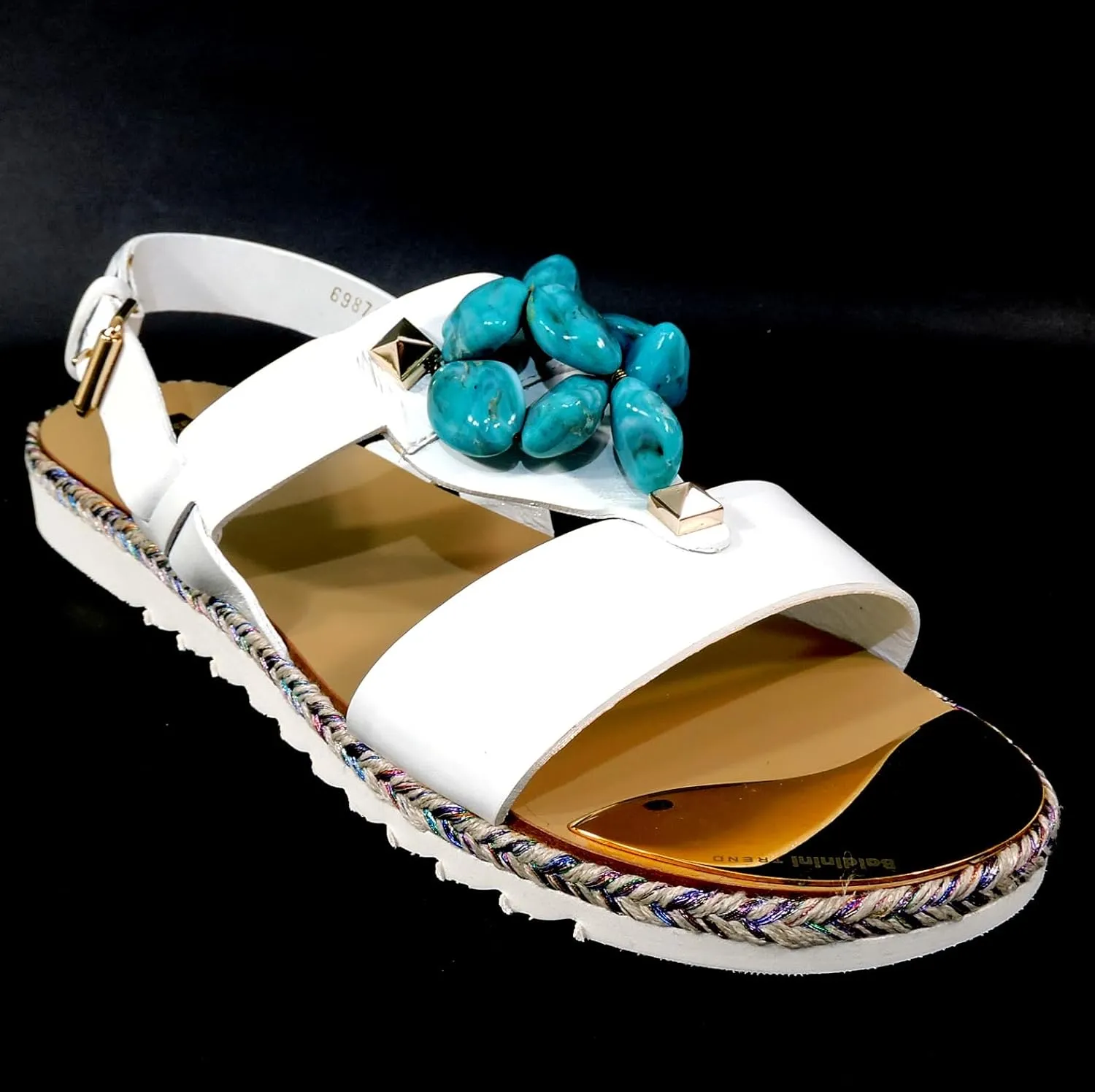 White Soft Leather Comfort Flat Summer Sandals with Turquoise Bead Accents