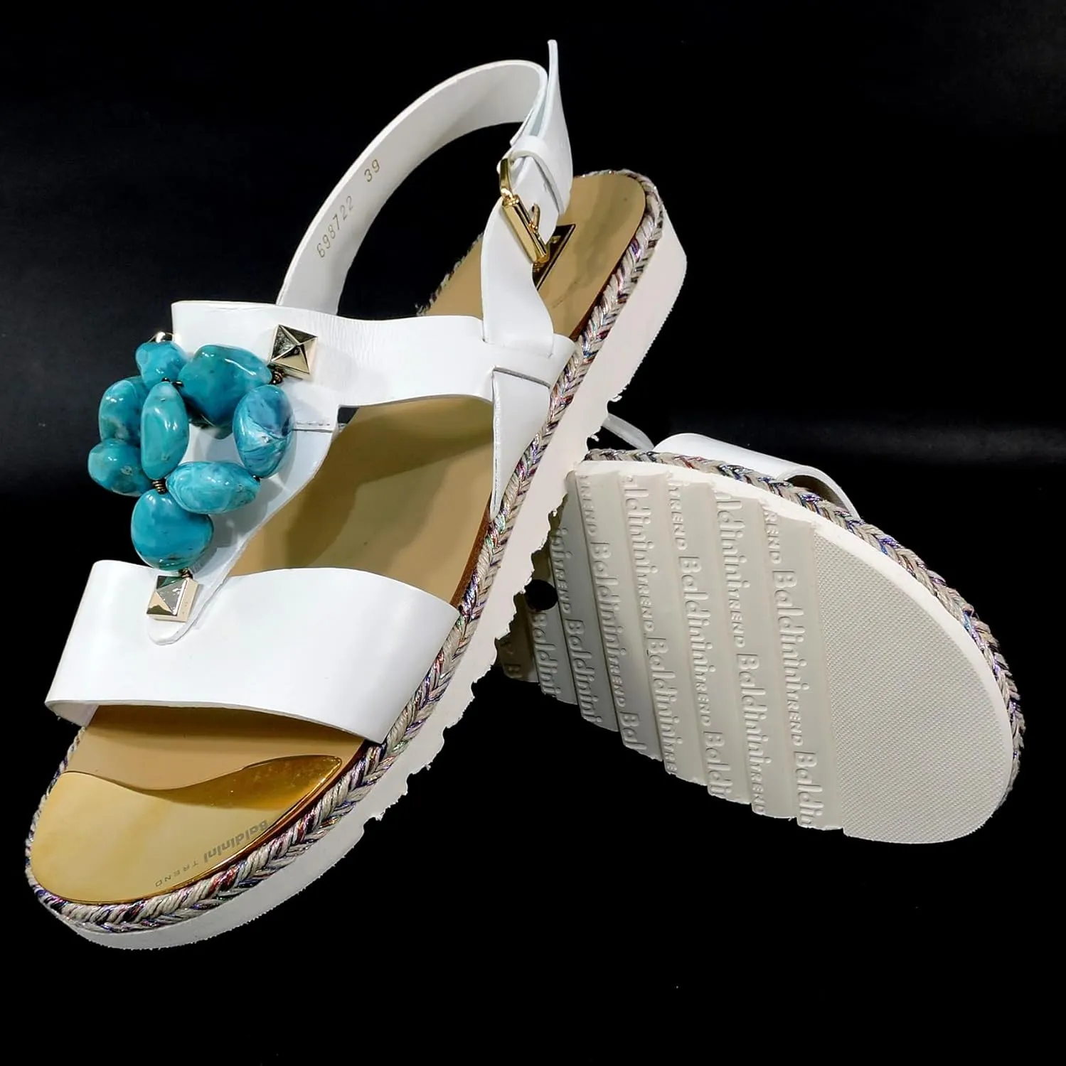 White Soft Leather Comfort Flat Summer Sandals with Turquoise Bead Accents