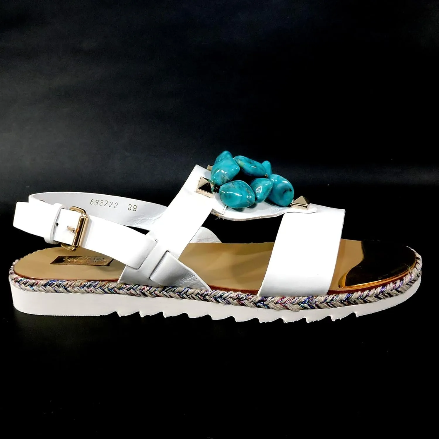 White Soft Leather Comfort Flat Summer Sandals with Turquoise Bead Accents