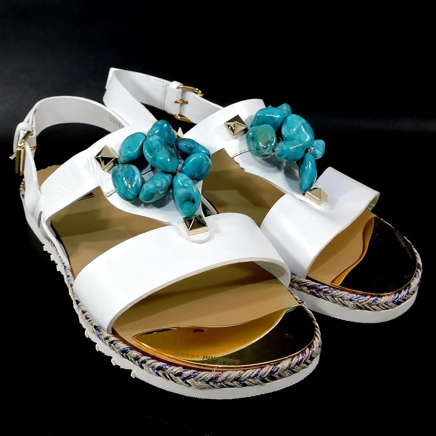 White Soft Leather Comfort Flat Summer Sandals with Turquoise Bead Accents