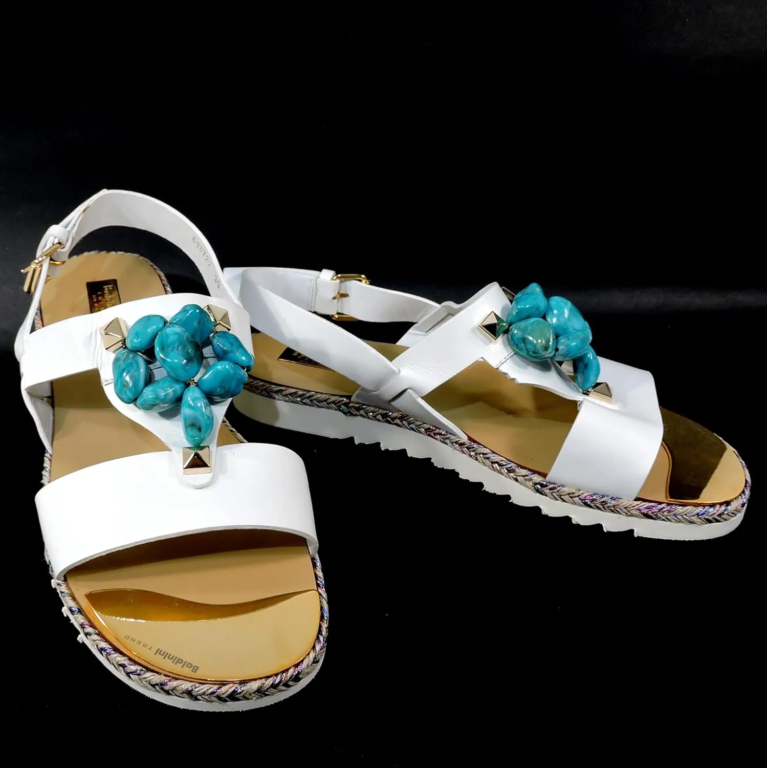 White Soft Leather Comfort Flat Summer Sandals with Turquoise Bead Accents