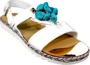 White Soft Leather Comfort Flat Summer Sandals with Turquoise Bead Accents