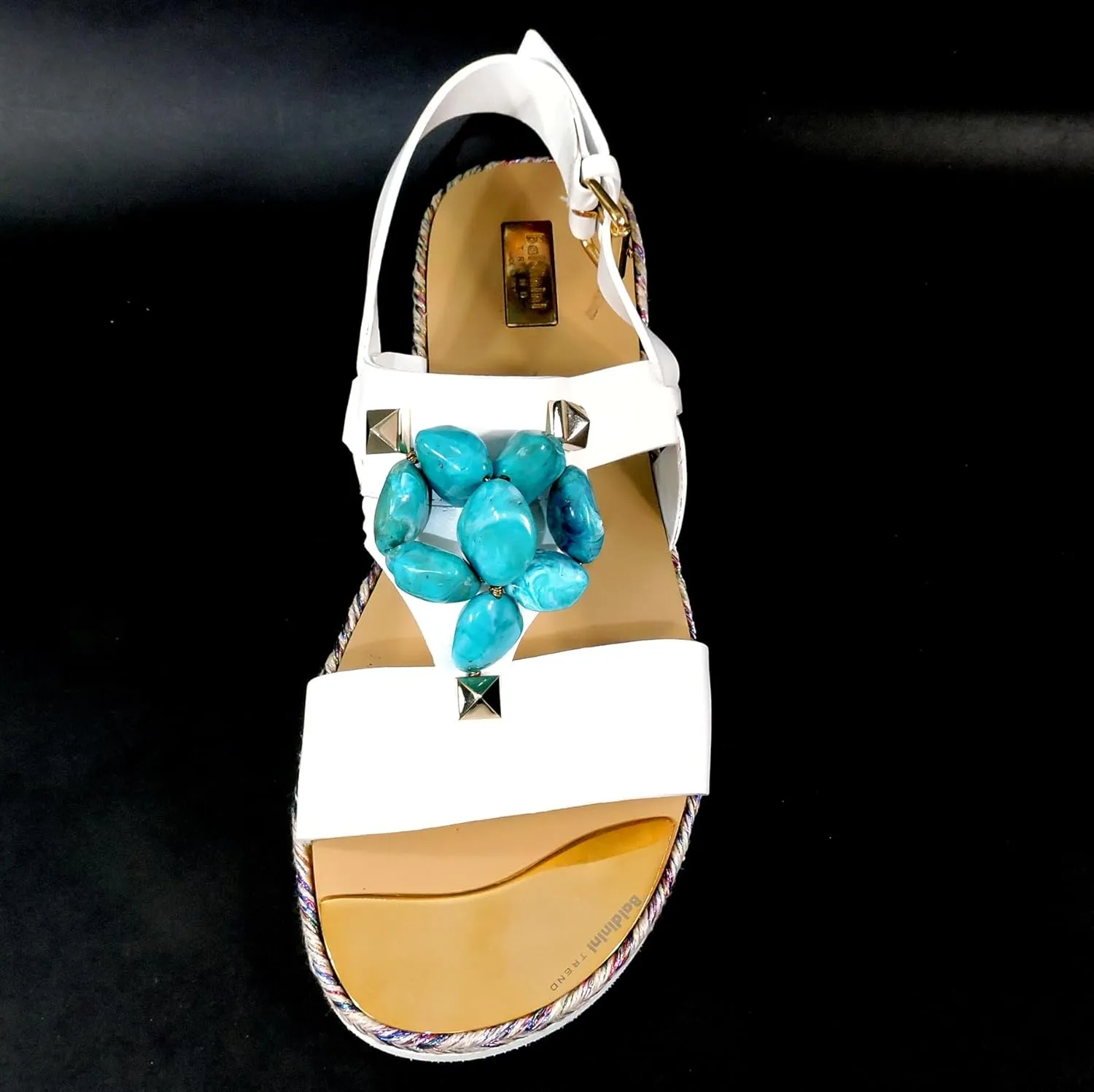 White Soft Leather Comfort Flat Summer Sandals with Turquoise Bead Accents