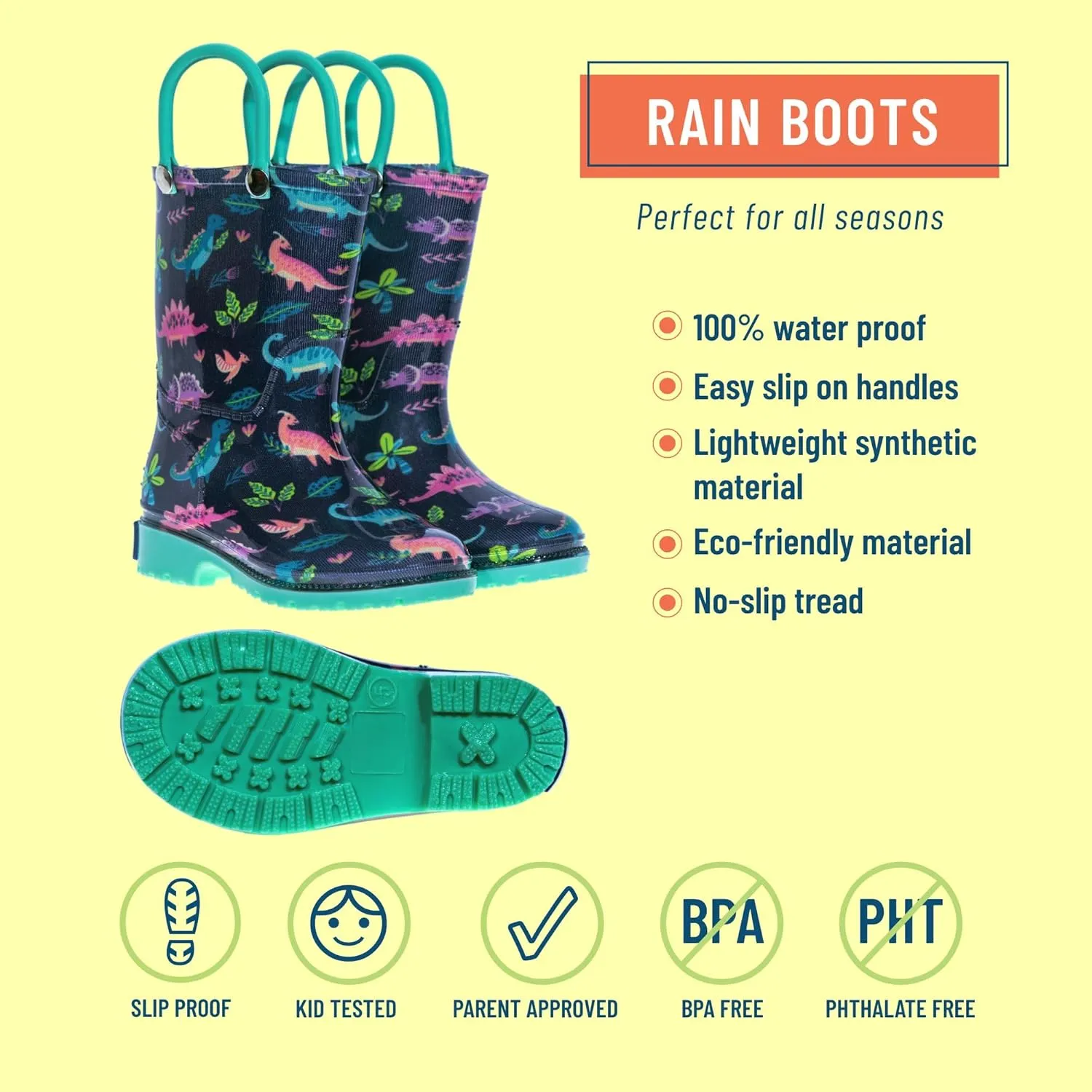 Wildkin Kids Rain Boots – 100% Waterproof with Slip-Resistant Tread & Easy Pull Handles