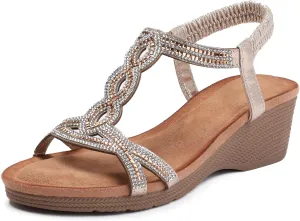 WOJWSKI Wedge Sandals for Women Bohemia Rhinestone Open Toe Roman Heel Summer Dressy Women's Beach Casual Shoes
