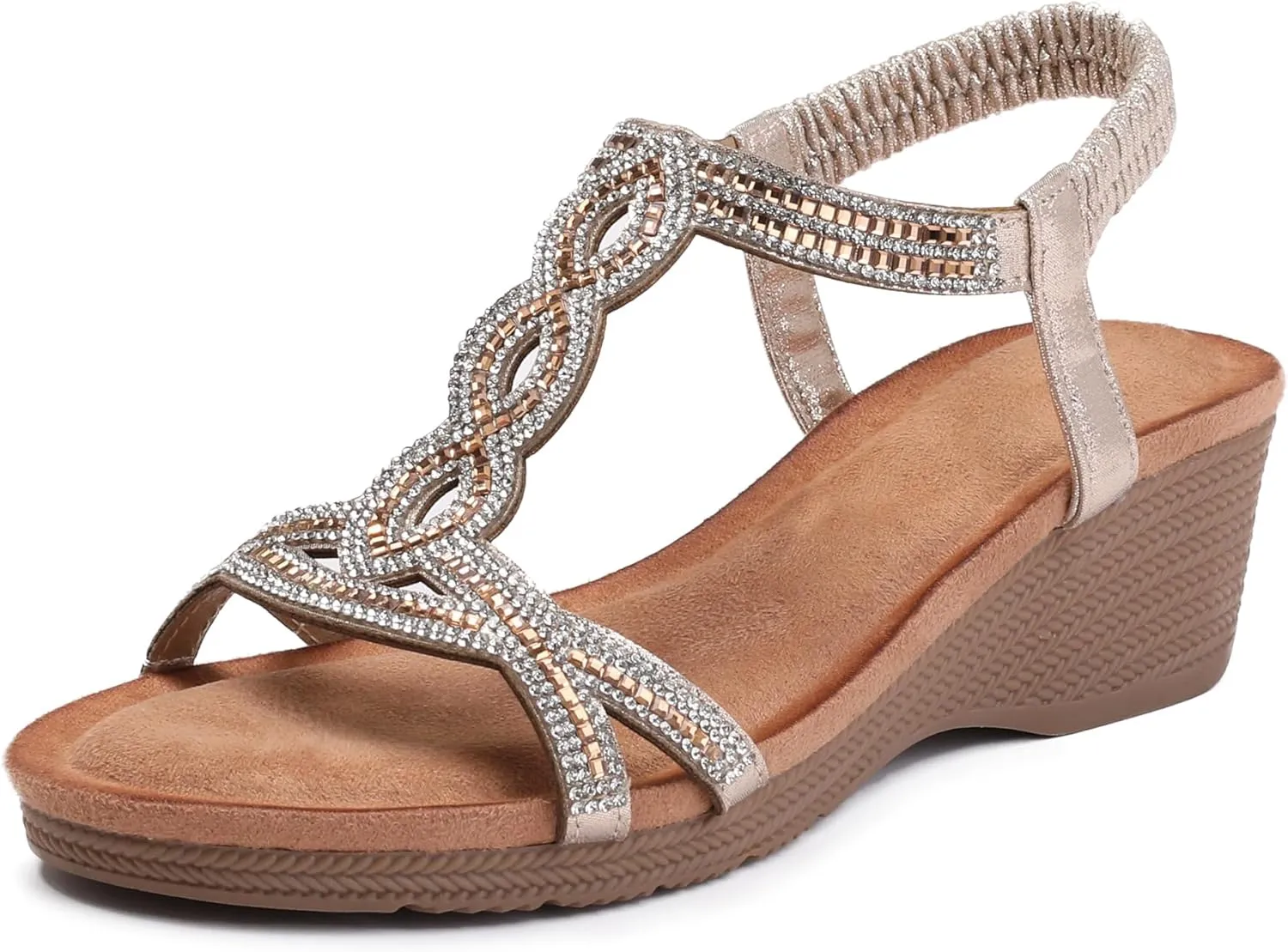 WOJWSKI Wedge Sandals for Women Bohemia Rhinestone Open Toe Roman Heel Summer Dressy Women's Beach Casual Shoes