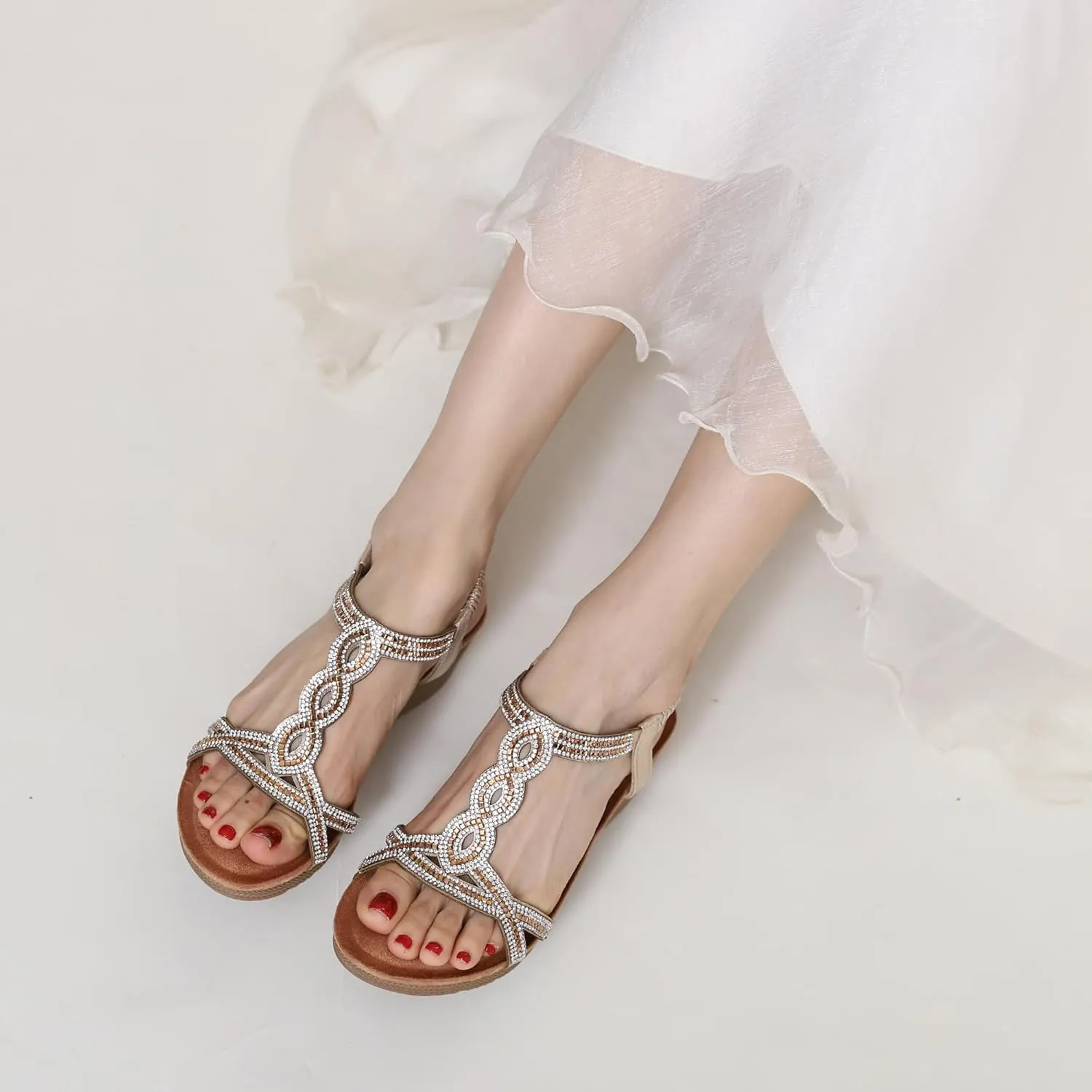 WOJWSKI Wedge Sandals for Women Bohemia Rhinestone Open Toe Roman Heel Summer Dressy Women's Beach Casual Shoes