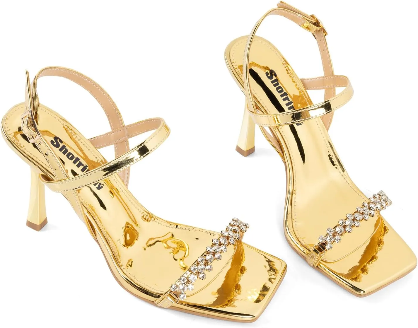 Women Black Heels with Square Open Toe Rhinestone Strappy Sandals Ankle Strap High Heeled Summer Shoes for Dressy Wedding Comfortable Pumps