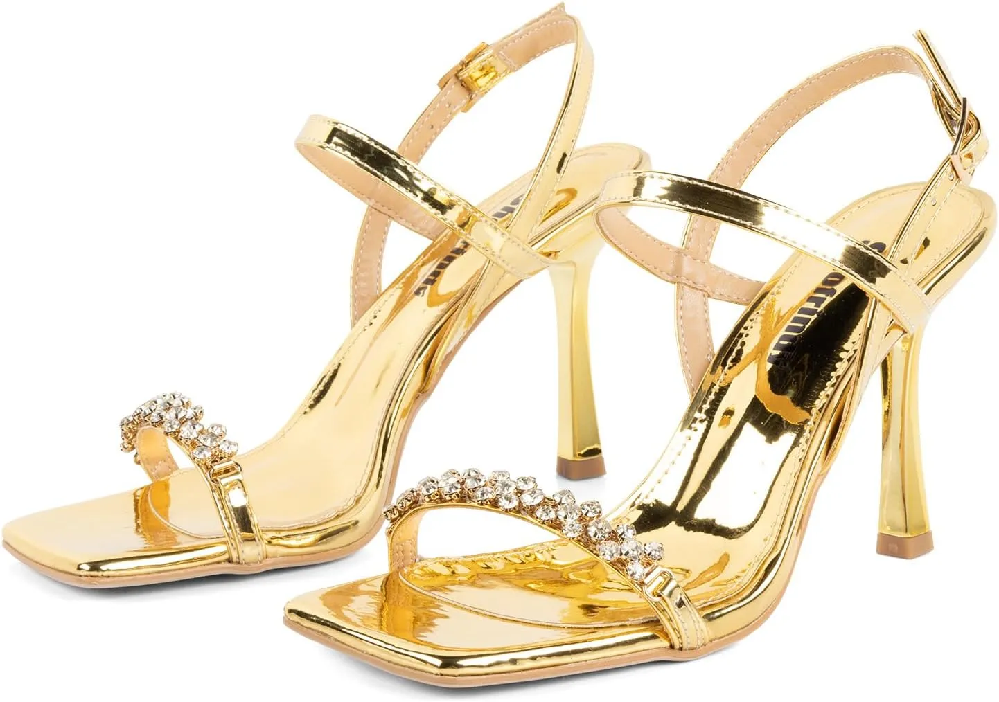 Women Black Heels with Square Open Toe Rhinestone Strappy Sandals Ankle Strap High Heeled Summer Shoes for Dressy Wedding Comfortable Pumps
