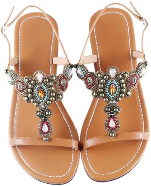 Women Boho Tribe Retro Sandals Rhinestone Peep Toe Summer Shoes Soft Beach Slipper