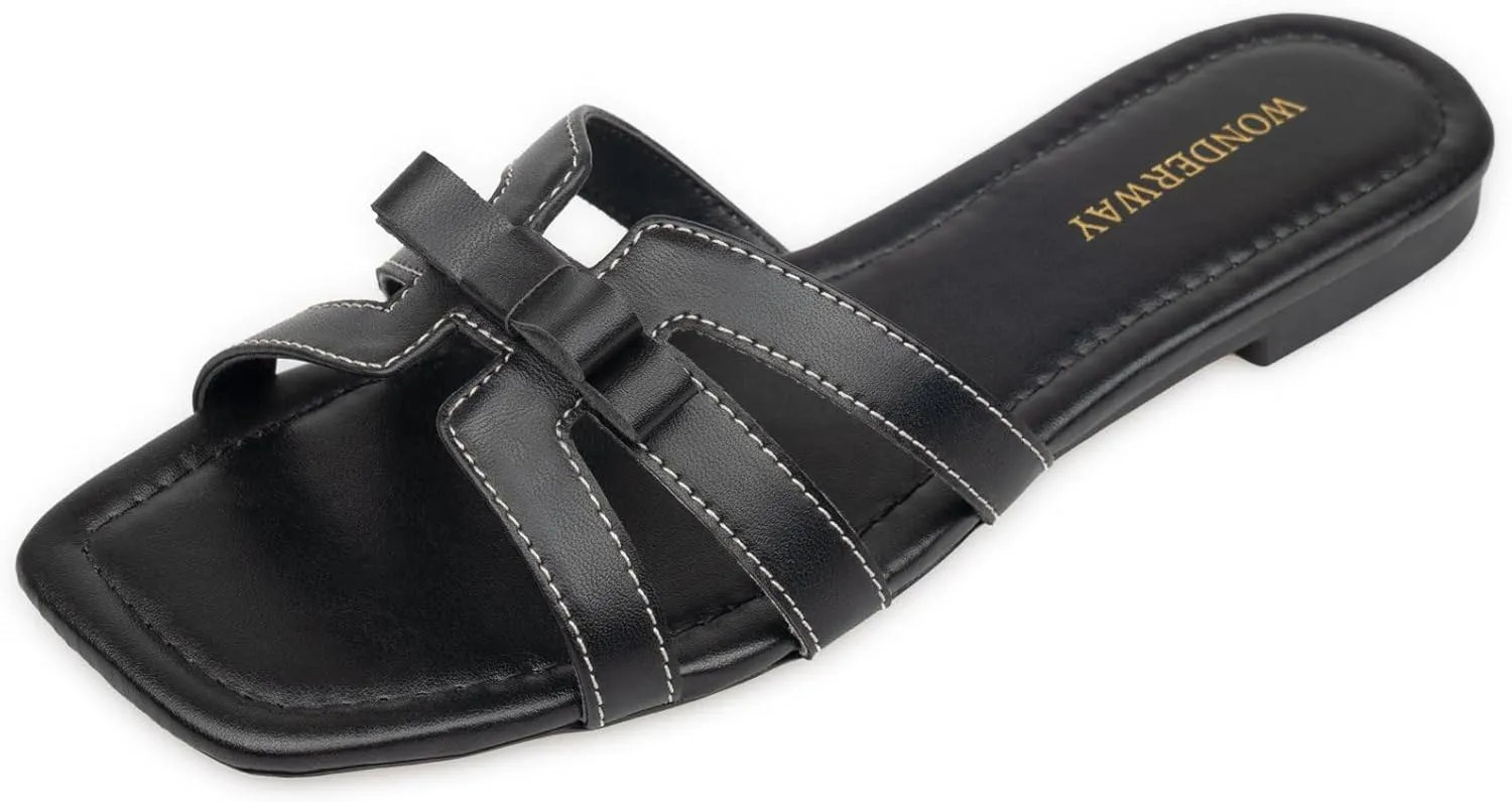 Women Bow Flat Sandals Dressy Sandals for Women Cute Comfortable Square Open Toe Slides Sandals