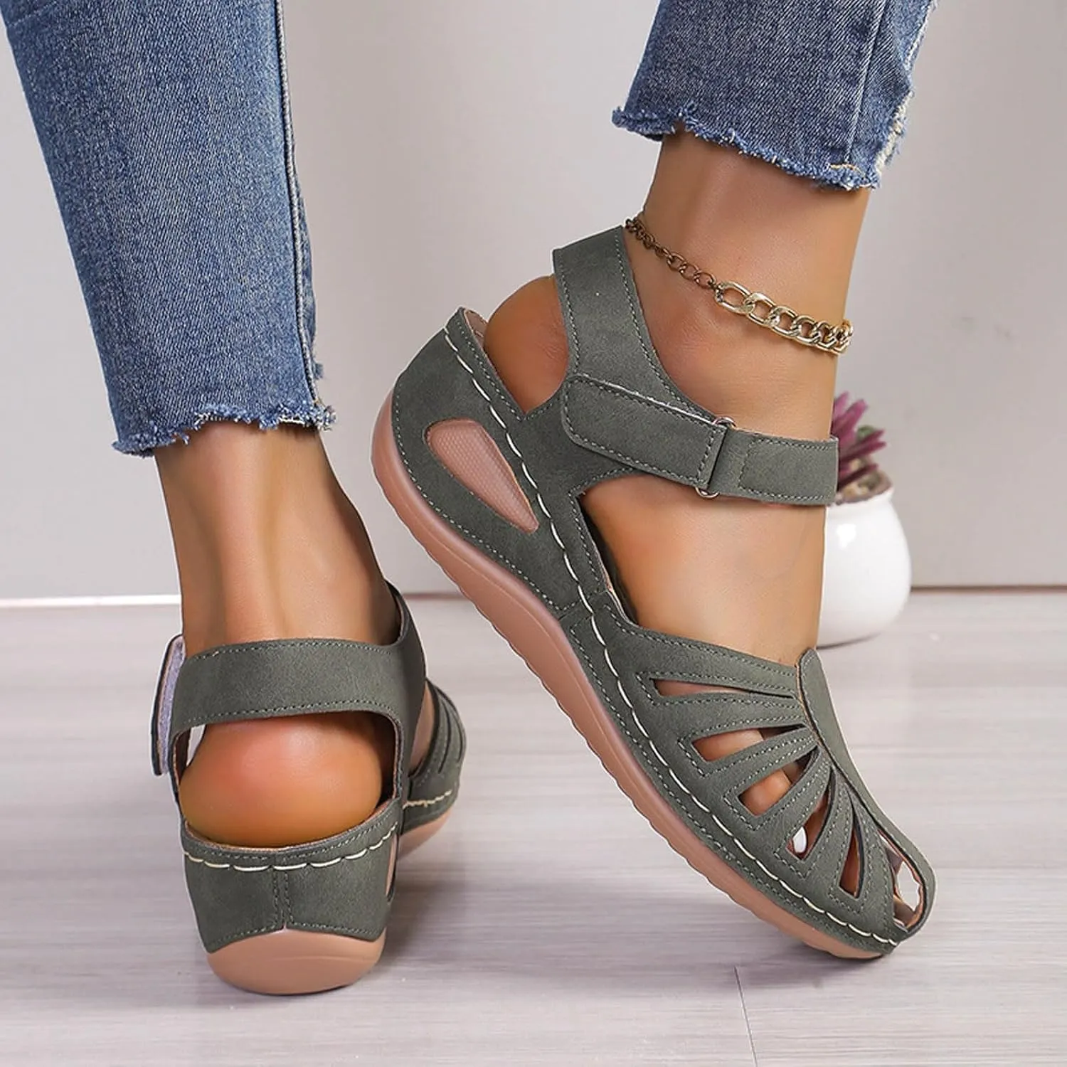 Women Close Toe Walking Sandals Dress Summer Wedges Heels for Women Ankle Strap Orthopedic Sandals Hollow Beach Shoes