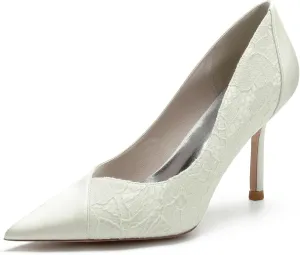 Women Closed Toe Heel Pumps Slip on Lace Satin Wedding Bridal Shoes Court Shoes for Strap Pointed Toe Pumps Party Dress Sandals