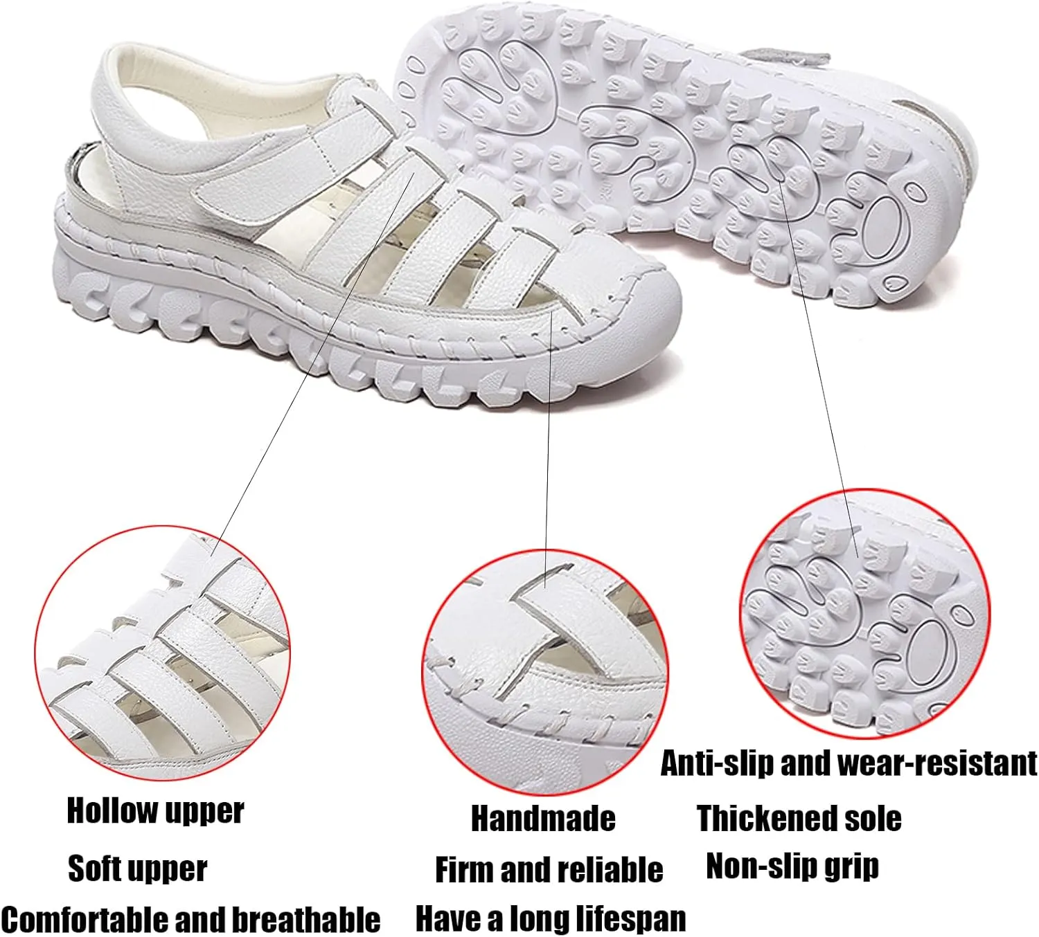 Women Genuine Leather Closed Toe Fisherman Sandals,Adjustable Hollow Platform Gladiator Sandal,Soft Sole Non-Slip Beach Walking Mom Shoes