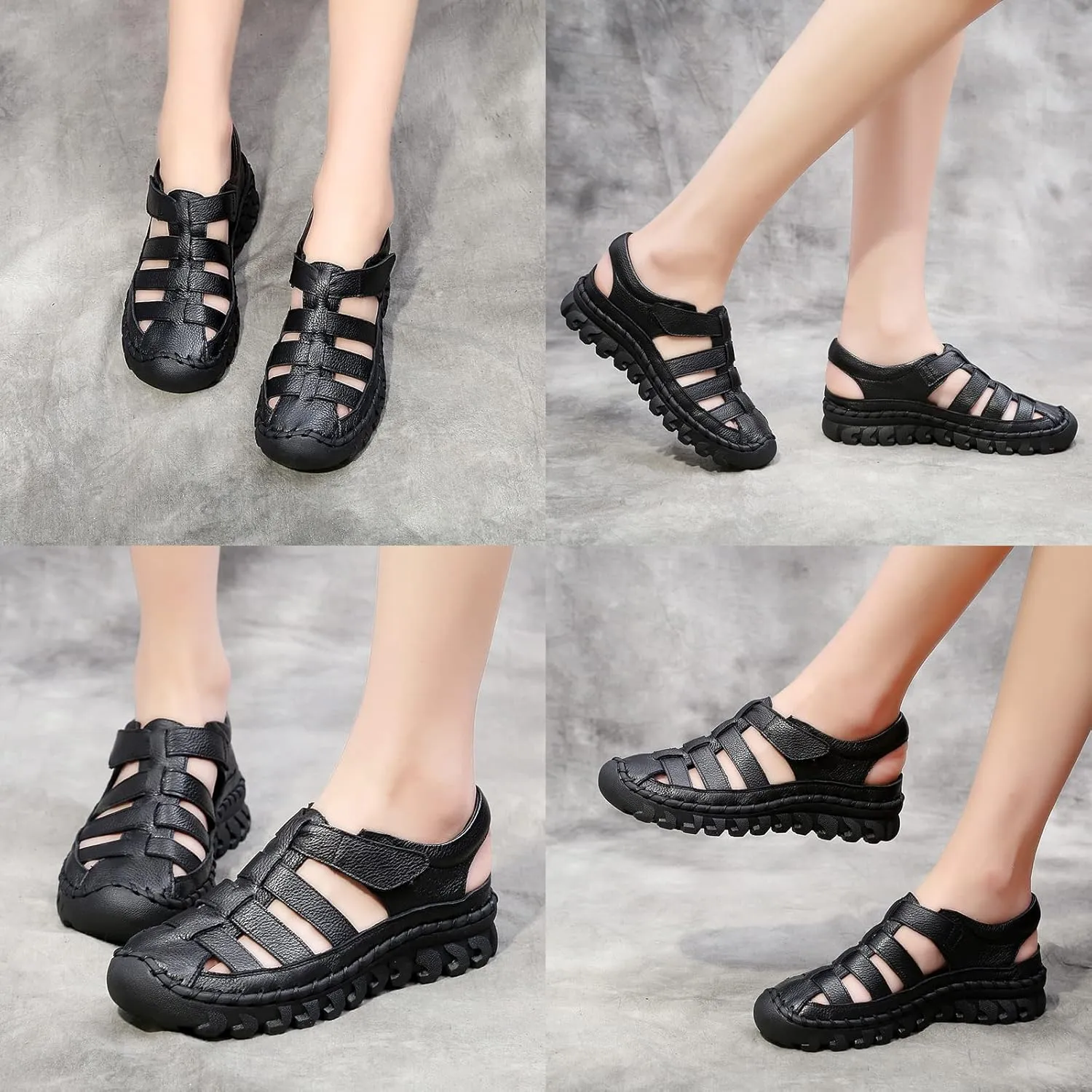 Women Genuine Leather Closed Toe Fisherman Sandals,Adjustable Hollow Platform Gladiator Sandal,Soft Sole Non-Slip Beach Walking Mom Shoes
