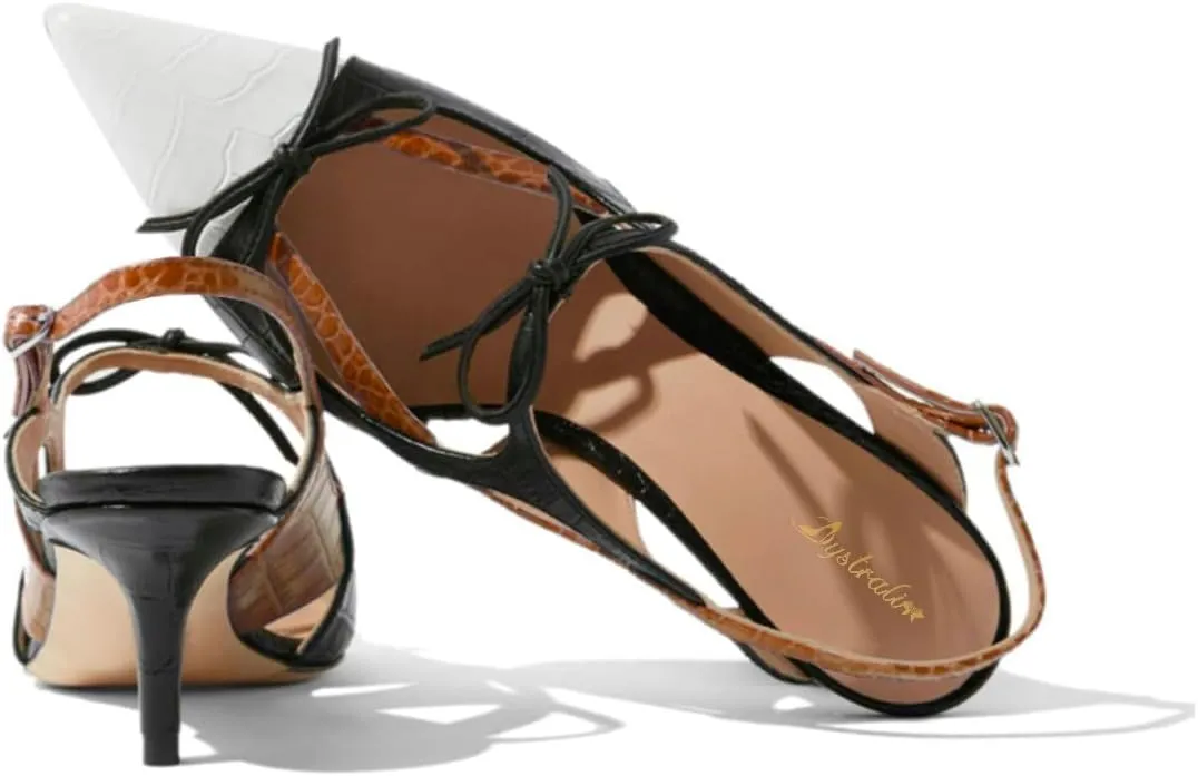 Women Kitten Heel Pointed Toe Slingback Sandals Bow Crocodile Sandal Heels Cap Toe 2 inch Thin Heel Slingback Pumps Two Tone Strappy Sexy Fashion Wedding Party 4-11 M US