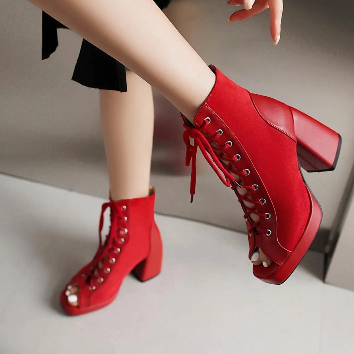 Women Platform Chunky Heel Sandal Booties Open Peep Square Toe Mesh Bootie Lace Up Gladiator Sandal Block High Heels Zipper Summer Boots Snakeskin Embroidered Caged Shoes Dressy 4-14 M US