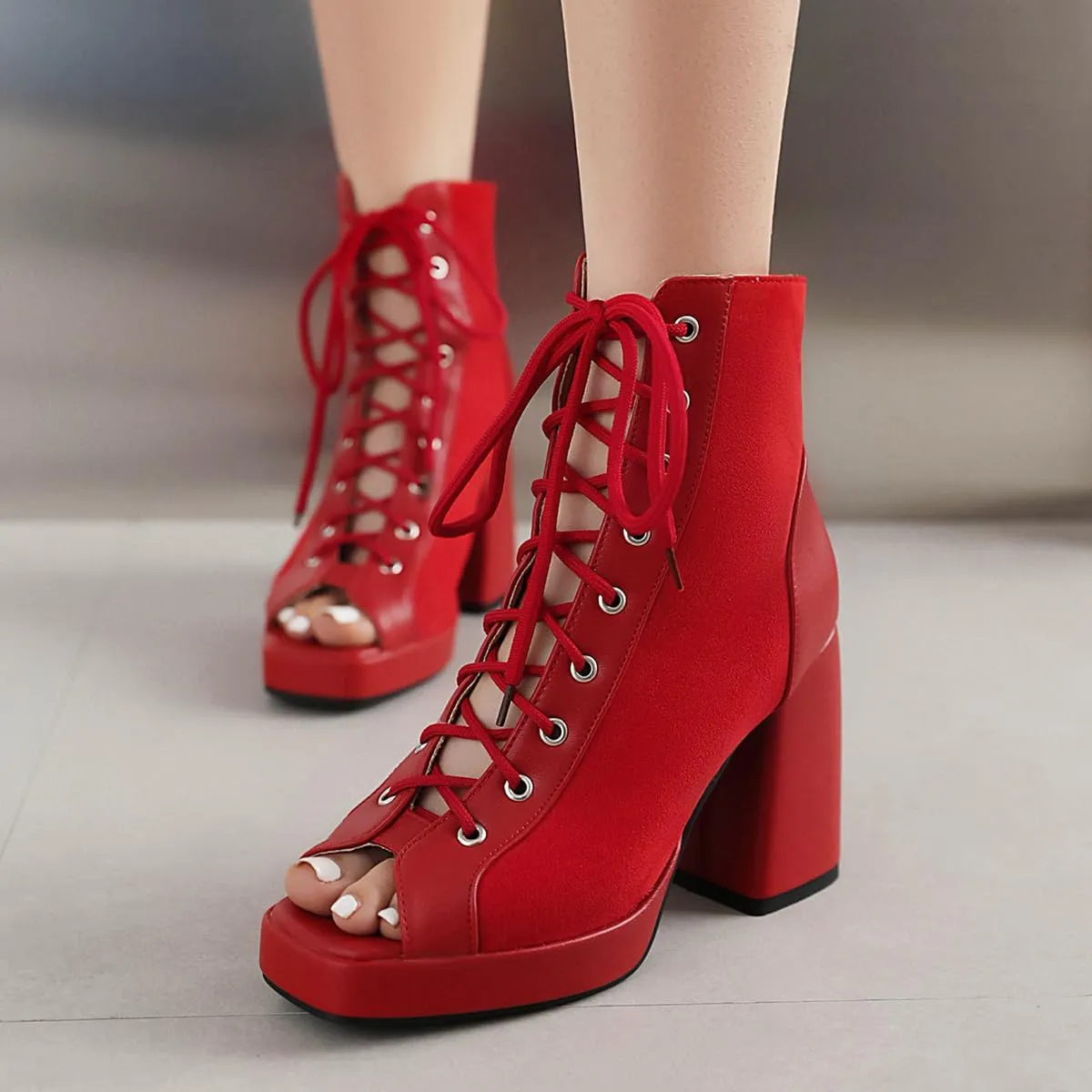 Women Platform Chunky Heel Sandal Booties Open Peep Square Toe Mesh Bootie Lace Up Gladiator Sandal Block High Heels Zipper Summer Boots Snakeskin Embroidered Caged Shoes Dressy 4-14 M US