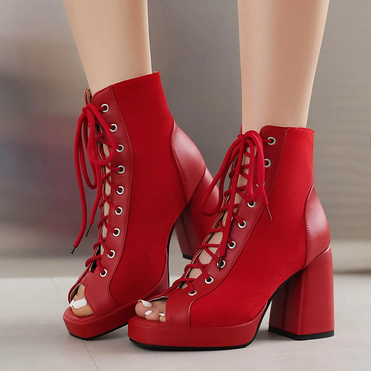 Women Platform Chunky Heel Sandal Booties Open Peep Square Toe Mesh Bootie Lace Up Gladiator Sandal Block High Heels Zipper Summer Boots Snakeskin Embroidered Caged Shoes Dressy 4-14 M US