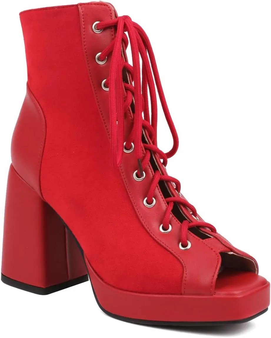 Women Platform Chunky Heel Sandal Booties Open Peep Square Toe Mesh Bootie Lace Up Gladiator Sandal Block High Heels Zipper Summer Boots Snakeskin Embroidered Caged Shoes Dressy 4-14 M US