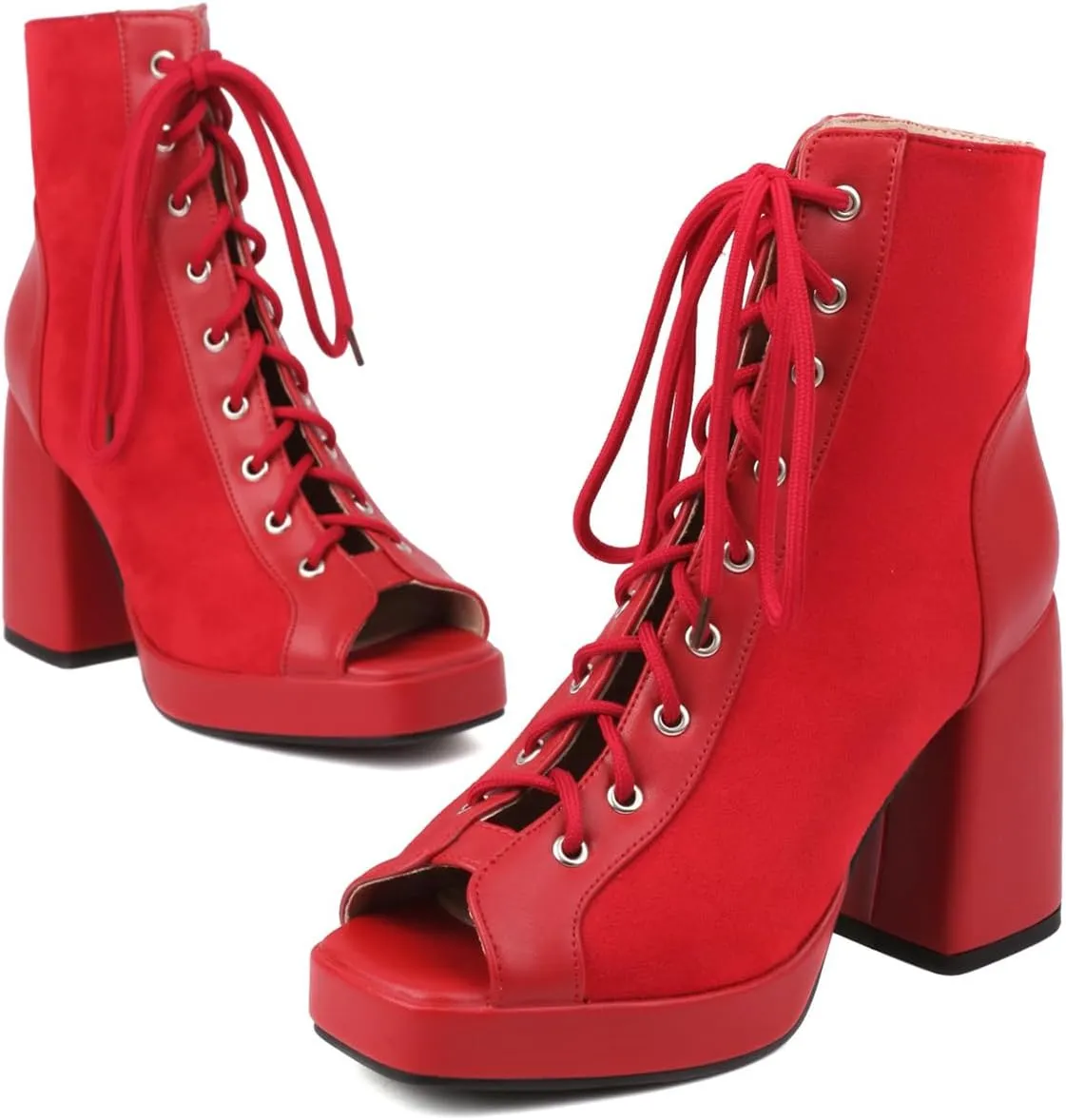 Women Platform Chunky Heel Sandal Booties Open Peep Square Toe Mesh Bootie Lace Up Gladiator Sandal Block High Heels Zipper Summer Boots Snakeskin Embroidered Caged Shoes Dressy 4-14 M US