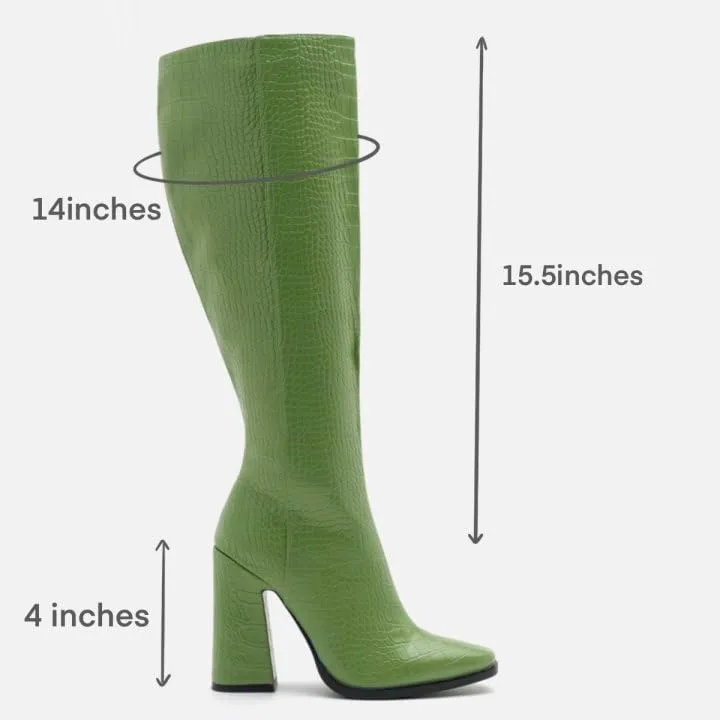 Women Vintage Chunky High Heel Knee High Western Boots Round Closed Toe Crocodile Boots Long Matte Patent Leather Side Zipper Under Knee Combat Boots Two-Toned Patchwork Fall Boot 4-11 M US