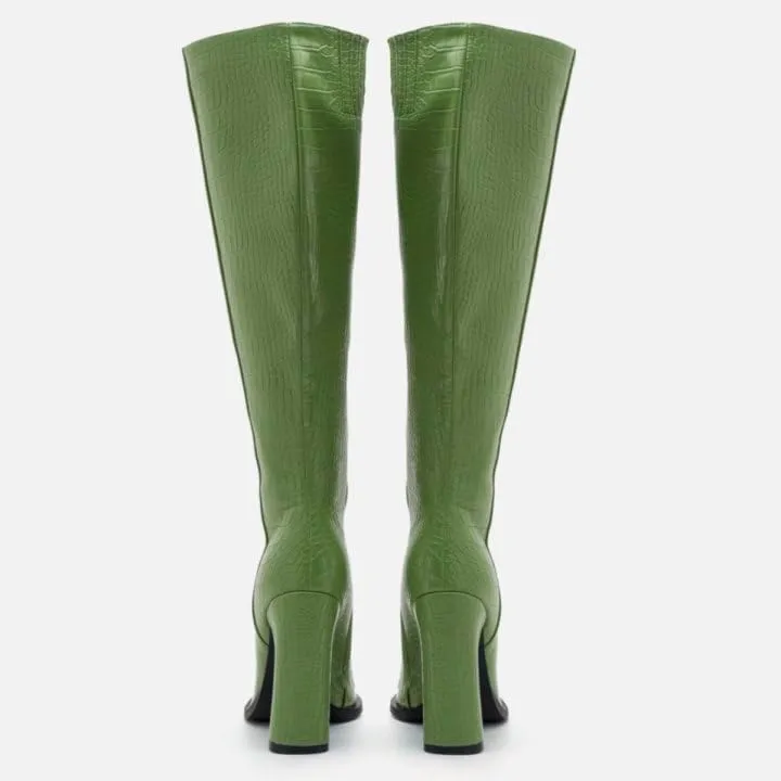 Women Vintage Chunky High Heel Knee High Western Boots Round Closed Toe Crocodile Boots Long Matte Patent Leather Side Zipper Under Knee Combat Boots Two-Toned Patchwork Fall Boot 4-11 M US