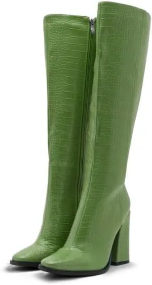 Women Vintage Chunky High Heel Knee High Western Boots Round Closed Toe Crocodile Boots Long Matte Patent Leather Side Zipper Under Knee Combat Boots Two-Toned Patchwork Fall Boot 4-11 M US